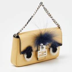 Pre Owned Fendi Yellow Leather and Fur Micro Monster Baguette Bag