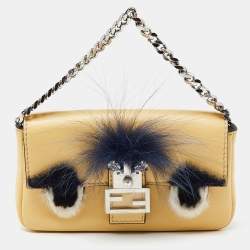 Pre Owned Fendi Yellow Leather and Fur Micro Monster Baguette Bag