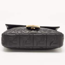 Fendi Black Zucca Embossed Leather Medium Baguette Bag
