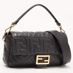 Fendi Black Zucca Embossed Leather Medium Baguette Bag