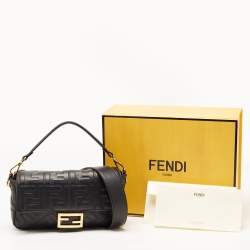 Fendi Black Zucca Embossed Leather Medium Baguette Bag
