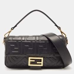 Fendi Black Zucca Embossed Leather Medium Baguette Bag