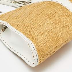 Pre Owned Fendi White/Beige Raffia and Leather Devil Trapezio Bag