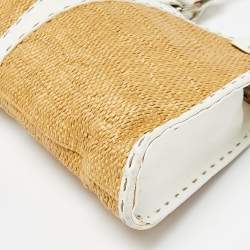 Pre Owned Fendi White/Beige Raffia and Leather Devil Trapezio Bag