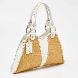 Pre Owned Fendi White/Beige Raffia and Leather Devil Trapezio Bag