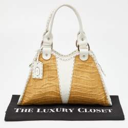 Pre Owned Fendi White/Beige Raffia and Leather Devil Trapezio Bag
