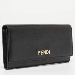 Pre Owned Fendi Black Leather Logo Flap Continental Wallet
