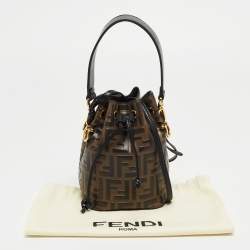 Pre Owned Fendi Brown/Black Zucca Leather Mini Mon Tresor Drawstring Bucket Bag