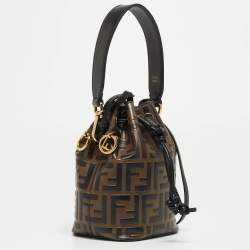Pre Owned Fendi Brown/Black Zucca Leather Mini Mon Tresor Drawstring Bucket Bag
