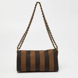 Pre Owned Fendi Tobacco Pequin Canvas and Leather Small Claudia Shoulder Bag