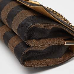 Pre Owned Fendi Tobacco Pequin Canvas and Leather Small Claudia Shoulder Bag