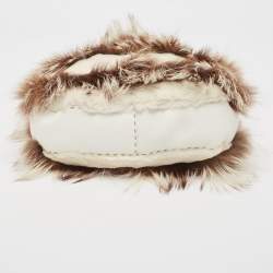 Fendi White/Brown Selleria Leather and Rabbit Fur Zip Hobo