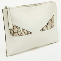 Pre Owned Fendi Off White/Brown Leather and Watersnake Leather Monster Eyes Zip Pouch