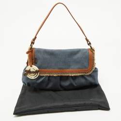 Pre Owned Fendi Blue/Tan Denim and Leather Chef Shoulder Bag