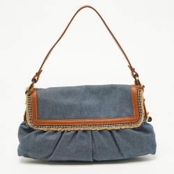 Pre Owned Fendi Blue/Tan Denim and Leather Chef Shoulder Bag
