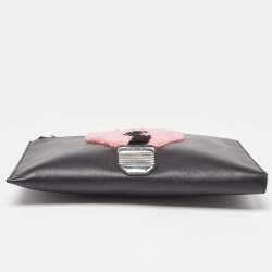 Pre Owned Fendi Black Leather and Shearling Fur FF Fflynn Zip Clutch