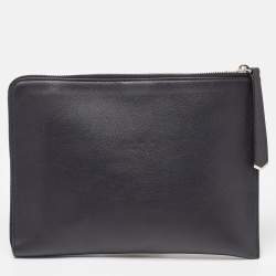 Pre Owned Fendi Black Leather and Shearling Fur FF Fflynn Zip Clutch