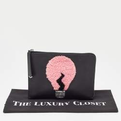 Pre Owned Fendi Black Leather and Shearling Fur FF Fflynn Zip Clutch