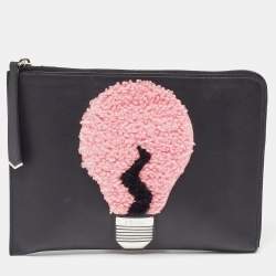 Pre Owned Fendi Black Leather and Shearling Fur FF Fflynn Zip Clutch