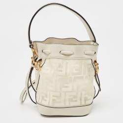 Pre Owned Fendi White Zucca PVC And Leather Mini Mon Tresor Drawstring Bucket Bag
