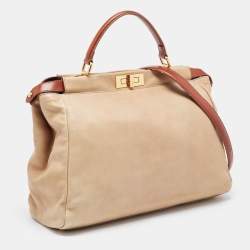 Pre Owned Fendi Beige/Brown Leather Large Peekaboo Top Handle Bag