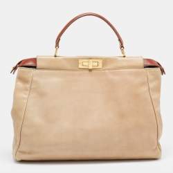 Pre Owned Fendi Beige/Brown Leather Large Peekaboo Top Handle Bag