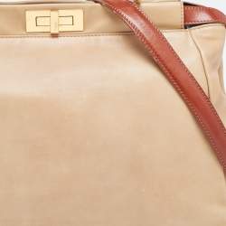 Pre Owned Fendi Beige/Brown Leather Large Peekaboo Top Handle Bag