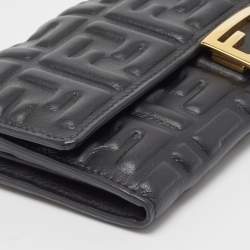Pre Owned Fendi Black Zucca Embossed Leather FF Flap Continental Wallet 