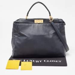 Pre Owned Fendi Dark Blue Leather Large Peekaboo Top Handle Bag