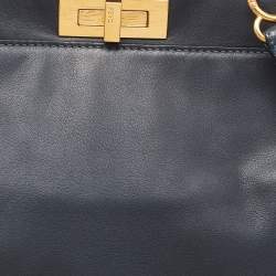 Pre Owned Fendi Dark Blue Leather Large Peekaboo Top Handle Bag
