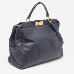 Pre Owned Fendi Dark Blue Leather Large Peekaboo Top Handle Bag