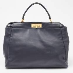 Pre Owned Fendi Dark Blue Leather Large Peekaboo Top Handle Bag