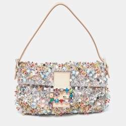 Pre Owned Fendi Pink Sequins/Beaded and Leather Baguette Bag