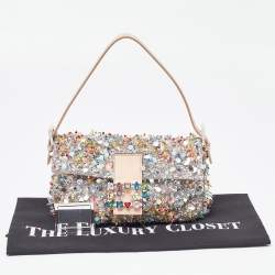 Pre Owned Fendi Pink Sequins/Beaded and Leather Baguette Bag