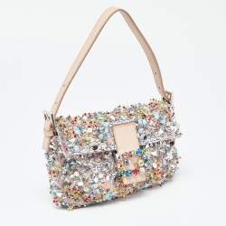 Pre Owned Fendi Pink Sequins/Beaded and Leather Baguette Bag