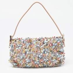 Pre Owned Fendi Pink Sequins/Beaded and Leather Baguette Bag