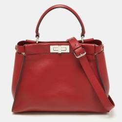 Fendi Red Leather Regular PeekabooTop Handle Bag