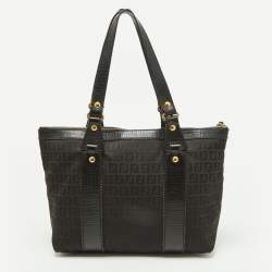 Pre Owned Fendi Black Zuchino Fabric and Leather Top Zip Tote