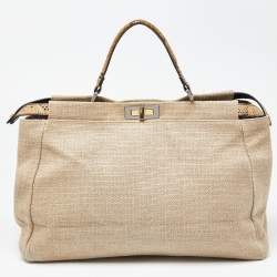 Pre Owned Fendi Cream Canvas and Leather Extra Large Peekaboo Top Handle Bag