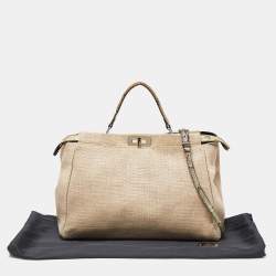 Pre Owned Fendi Cream Canvas and Leather Extra Large Peekaboo Top Handle Bag