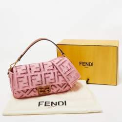 Fendi Pink FF Openwork Embroidered Canvas Medium Baguette Bag