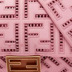 Fendi Pink FF Openwork Embroidered Canvas Medium Baguette Bag