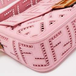 Fendi Pink FF Openwork Embroidered Canvas Medium Baguette Bag
