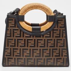 Pre Owned Fendi Brown/Black Zucca Embossed Leather and Wicker Small Runaway Shopper Tote