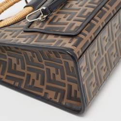 Pre Owned Fendi Brown/Black Zucca Embossed Leather and Wicker Small Runaway Shopper Tote