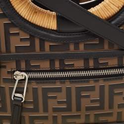 Pre Owned Fendi Brown/Black Zucca Embossed Leather and Wicker Small Runaway Shopper Tote