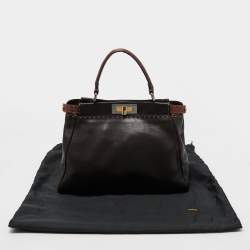 Pre Owned Fendi Dark Brown Leather Small Peekaboo Top Handle Bag