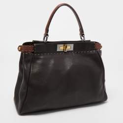 Pre Owned Fendi Dark Brown Leather Small Peekaboo Top Handle Bag