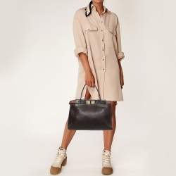 Pre Owned Fendi Dark Brown Leather Small Peekaboo Top Handle Bag