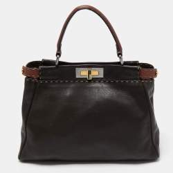 Pre Owned Fendi Dark Brown Leather Small Peekaboo Top Handle Bag